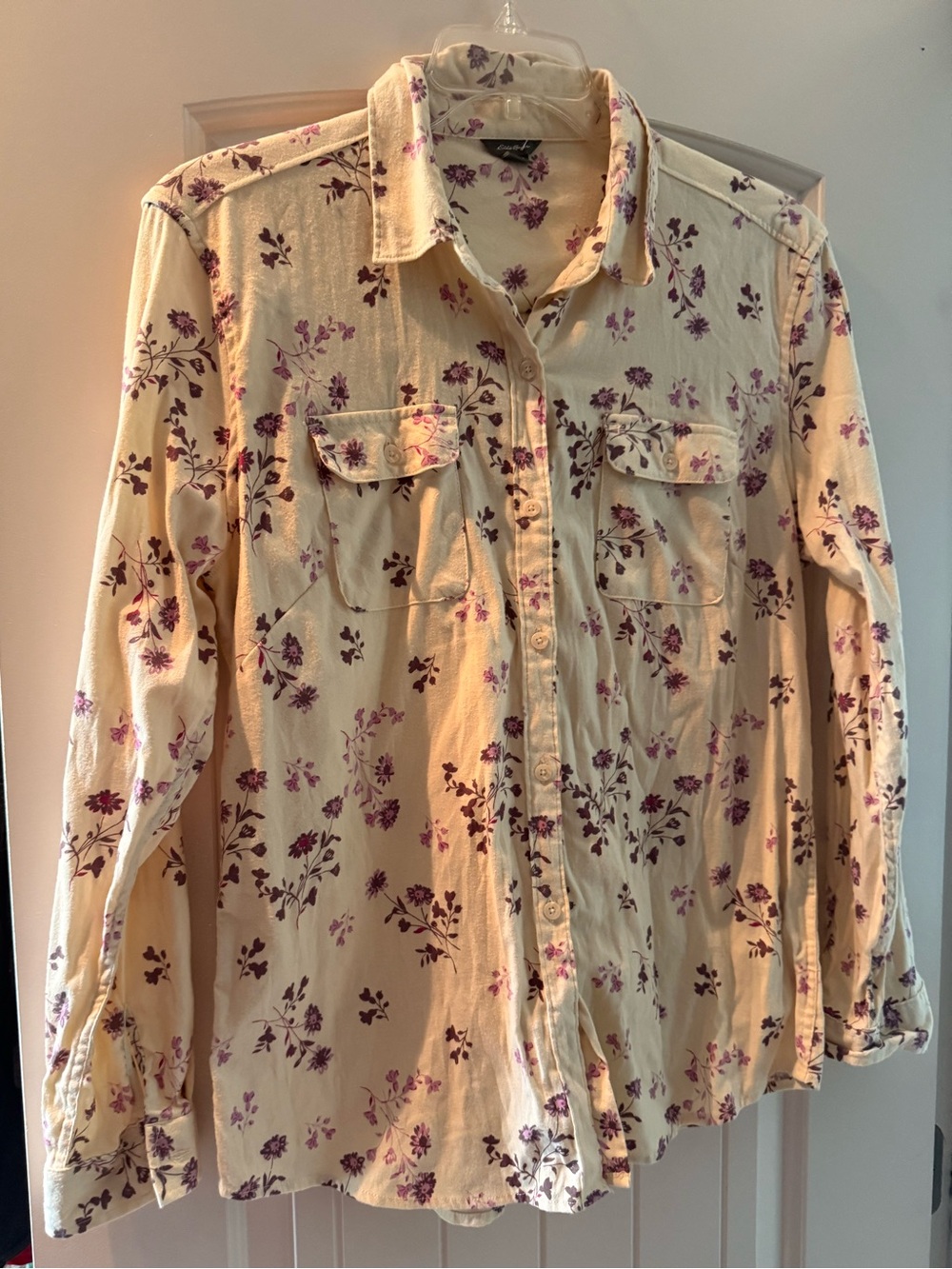 Eddie Bauer Cream Button-Down Shirt with Purple Floral Print